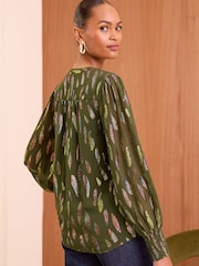 Love & Roses Khaki Green Metallic Chiffon V Neck Long Sleeve Over The Head Blouse - Image 3 of 4