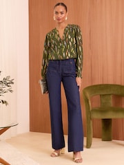 Love & Roses Khaki Green Metallic Chiffon V Neck Long Sleeve Over The Head Blouse - Image 4 of 4