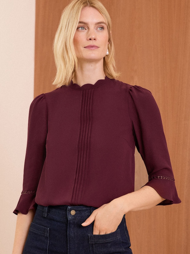 Love & Roses Burgundy Red Scallop Pintuck Flute Sleeve Blouse - Image 1 of 4 Love & Roses Burgundy Red Scallop Pintuck Flute Sleeve Blouse - Image 1 of 4