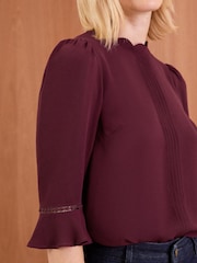 Love & Roses Burgundy Red Scallop Pintuck Flute Sleeve Blouse - Image 2 of 4