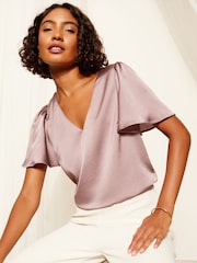 Friends Like These Pink V Neck Textured Satin Angel Sleeve Blouse - Image 1 of 4