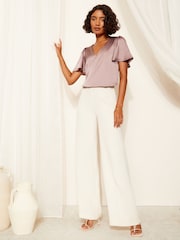 Friends Like These Pink V Neck Textured Satin Angel Sleeve Blouse - Image 2 of 4