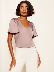 Friends Like These Pink V Neck Textured Satin Angel Sleeve Blouse - Image 3 of 4
