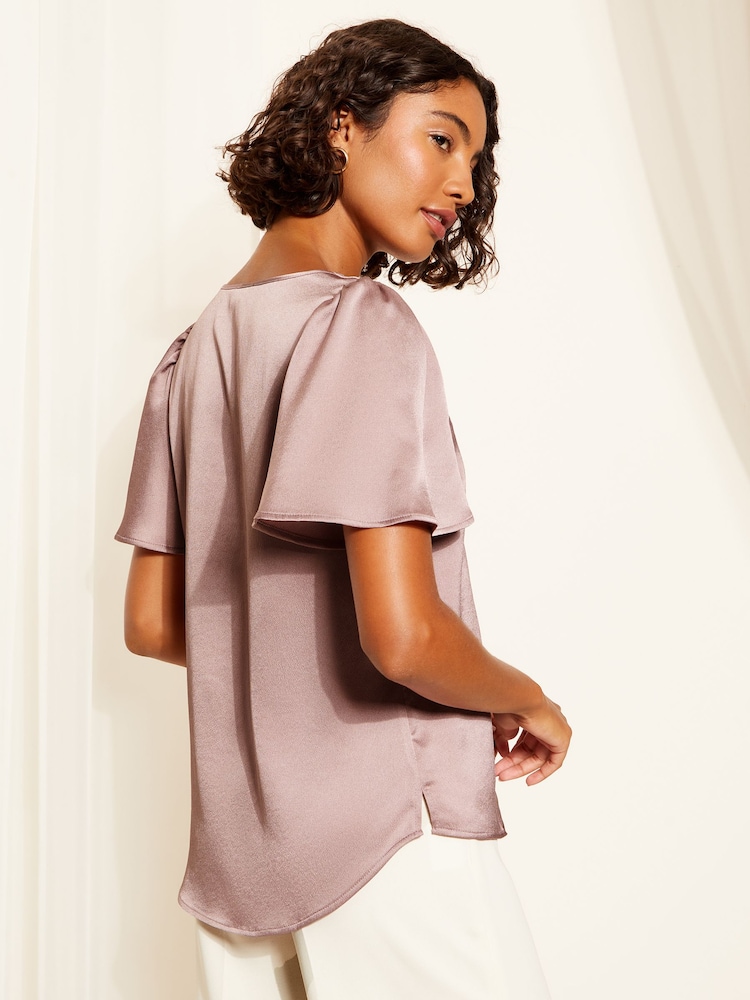 Friends Like These Pink V Neck Textured Satin Angel Sleeve Blouse - Image 4 of 4