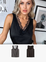 Lipsy Black/ Black and White Spot Multipack V Neck Lace Trim Vest - Image 1 of 6