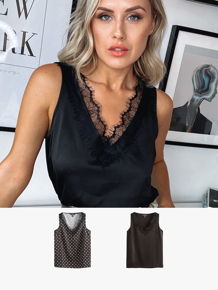 Lipsy Black/ Black and White Spot Multipack V Neck Lace Trim Vest - Image 1 of 6
