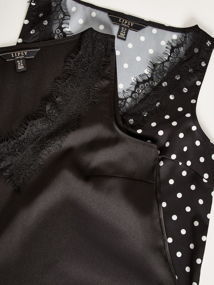 Lipsy Black/ Black and White Spot Multipack V Neck Lace Trim Vest - Image 6 of 6
