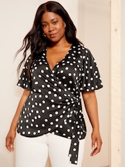 Curves Like These Black Short Sleeve Satin Wrap Blouse - Image 1 of 4