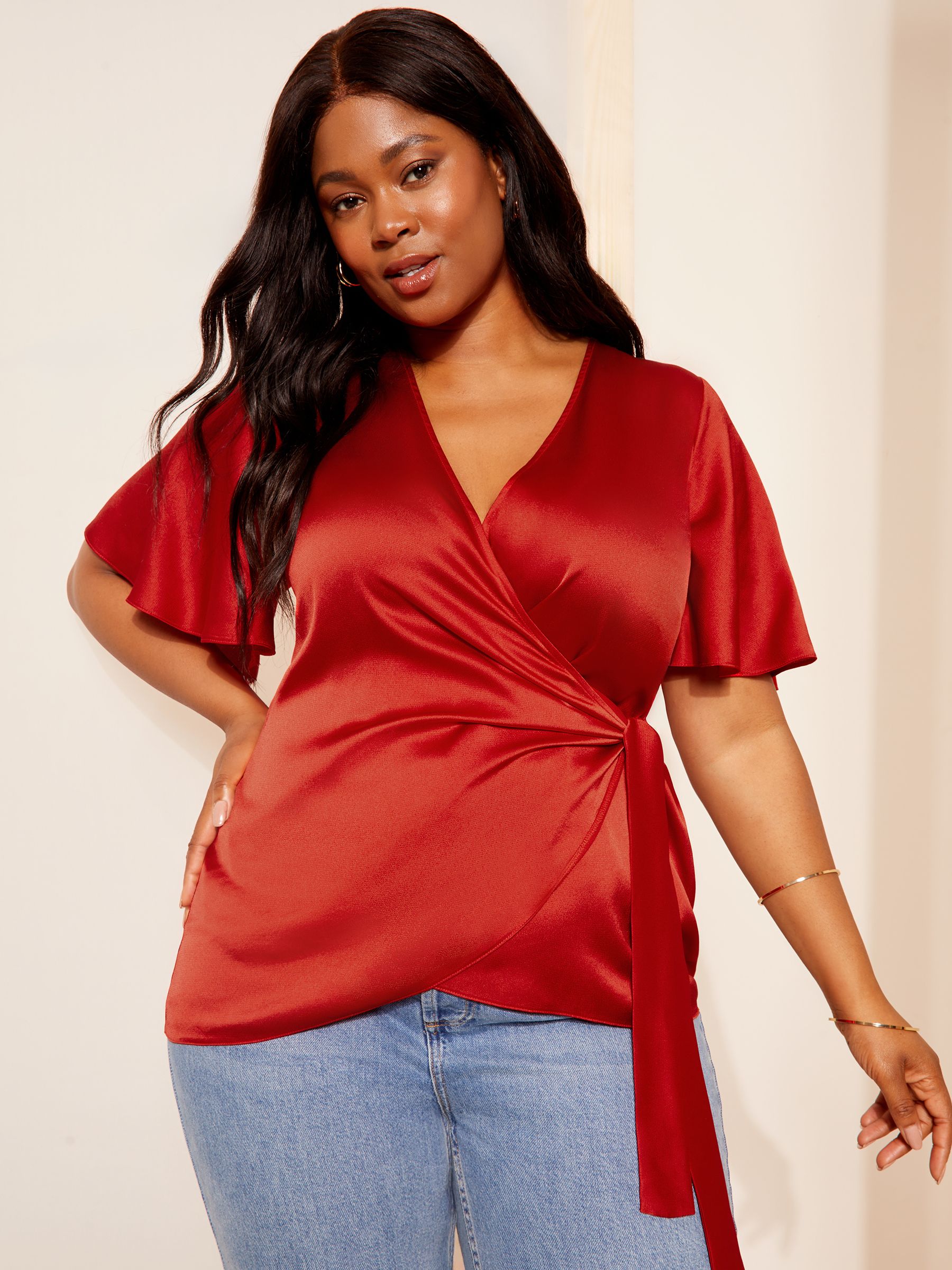 Buy Curves Like These Red Short Sleeve Satin Wrap Blouse from Next USA
