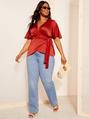 Curves Like These Red Short Sleeve Satin Wrap Blouse - Image 3 of 4