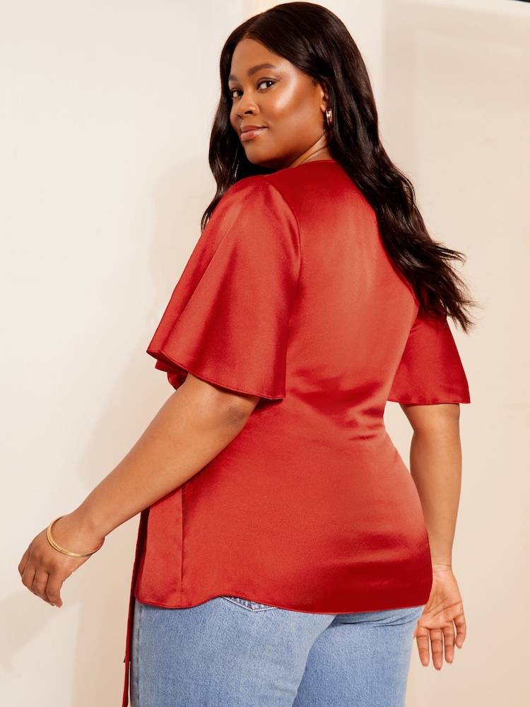 Curves Like These Red Short Sleeve Satin Wrap Blouse - Image 4 of 4