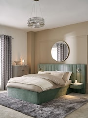 Plush Chenille Slate Teal Blue Mayfair Upholstered Hotel Bed Frame with Ottoman Storage Bedside Tables and Lights - Image 1 of 8