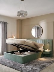 Plush Chenille Slate Teal Blue Mayfair Upholstered Hotel Bed Frame with Ottoman Storage Bedside Tables and Lights - Image 2 of 8