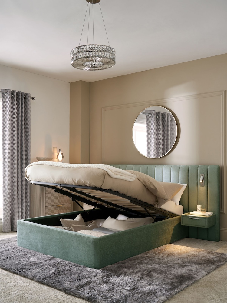 Plush Chenille Slate Teal Blue Mayfair Upholstered Hotel Bed Frame with Ottoman Storage Bedside Tables and Lights - Image 2 of 8