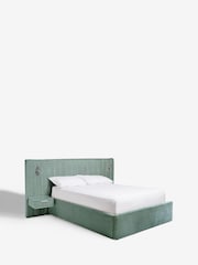 Plush Chenille Slate Teal Blue Mayfair Upholstered Hotel Bed Frame with Ottoman Storage Bedside Tables and Lights - Image 7 of 8