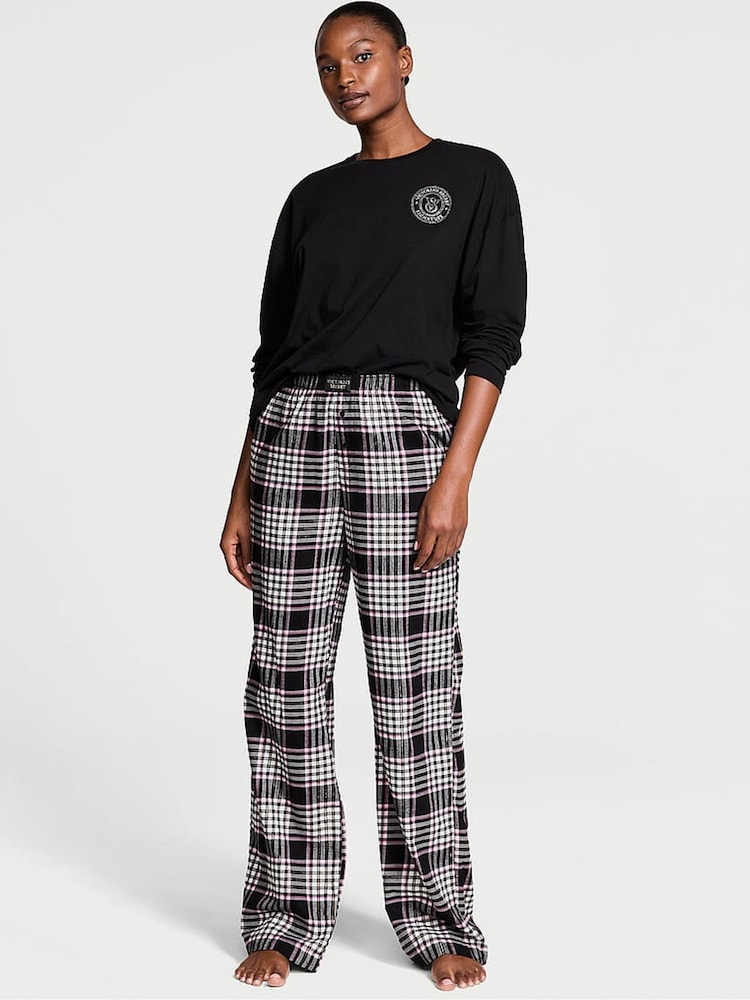 Victoria's Secret Black/Pink Xia Plaid Black Long Sleeve T-Shirt Flannel Pyjama Set - Image 1 of 1