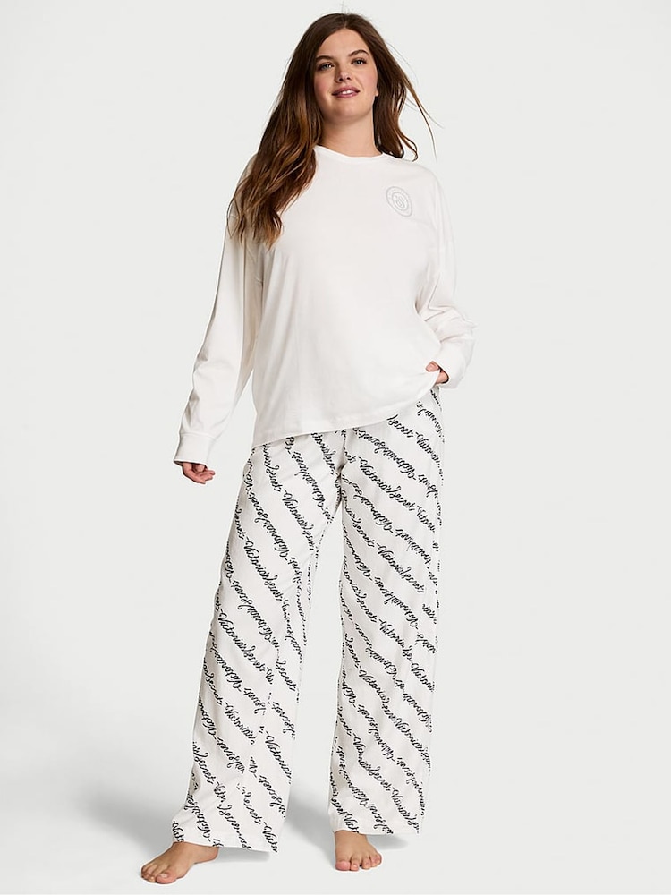 Victoria's Secret White Script Long Sleeve T-Shirt Flannel Pyjama Set - Image 1 of 1