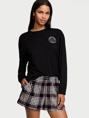 Victoria's Secret Black & Pink Plaid Long Sleeve T-Shirt Short Flannel Pyjama Set - Image 1 of 3