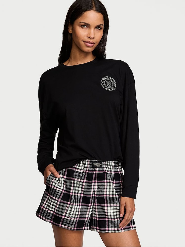 Victoria's Secret Black & Pink Plaid Long Sleeve T-Shirt Short Flannel Pyjama Set - Image 1 of 3
