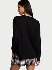 Victoria's Secret Black & Pink Plaid Long Sleeve T-Shirt Short Flannel Pyjama Set - Image 2 of 3