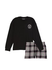 Victoria's Secret Black & Pink Plaid Long Sleeve T-Shirt Short Flannel Pyjama Set - Image 3 of 3