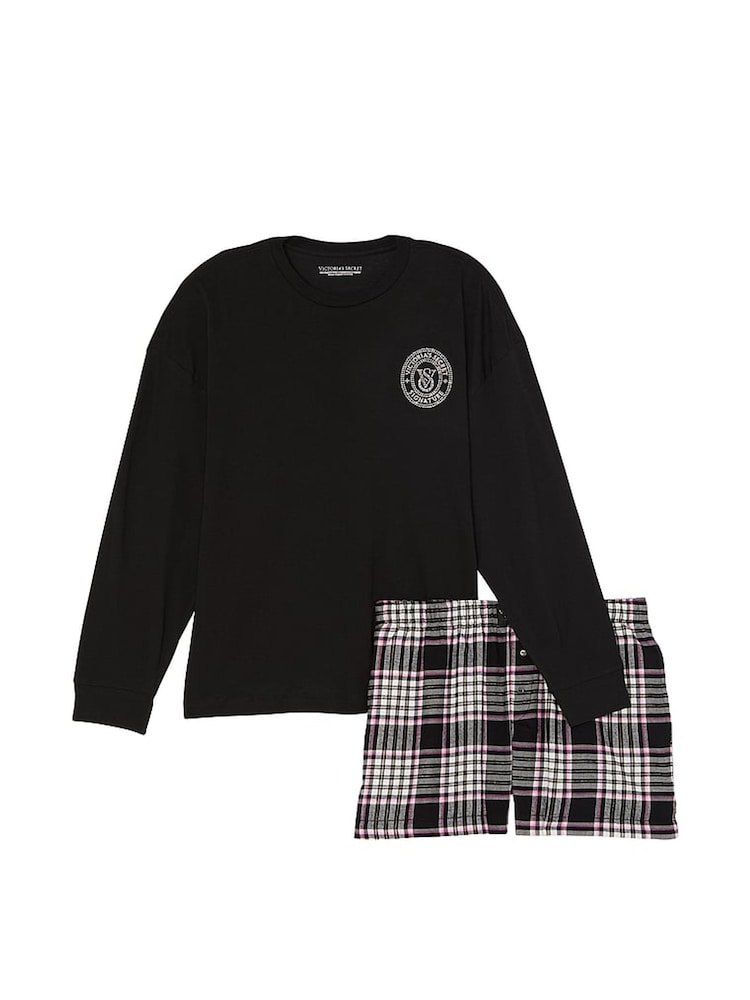 Victoria's Secret Black & Pink Plaid Long Sleeve T-Shirt Short Flannel Pyjama Set - Image 3 of 3