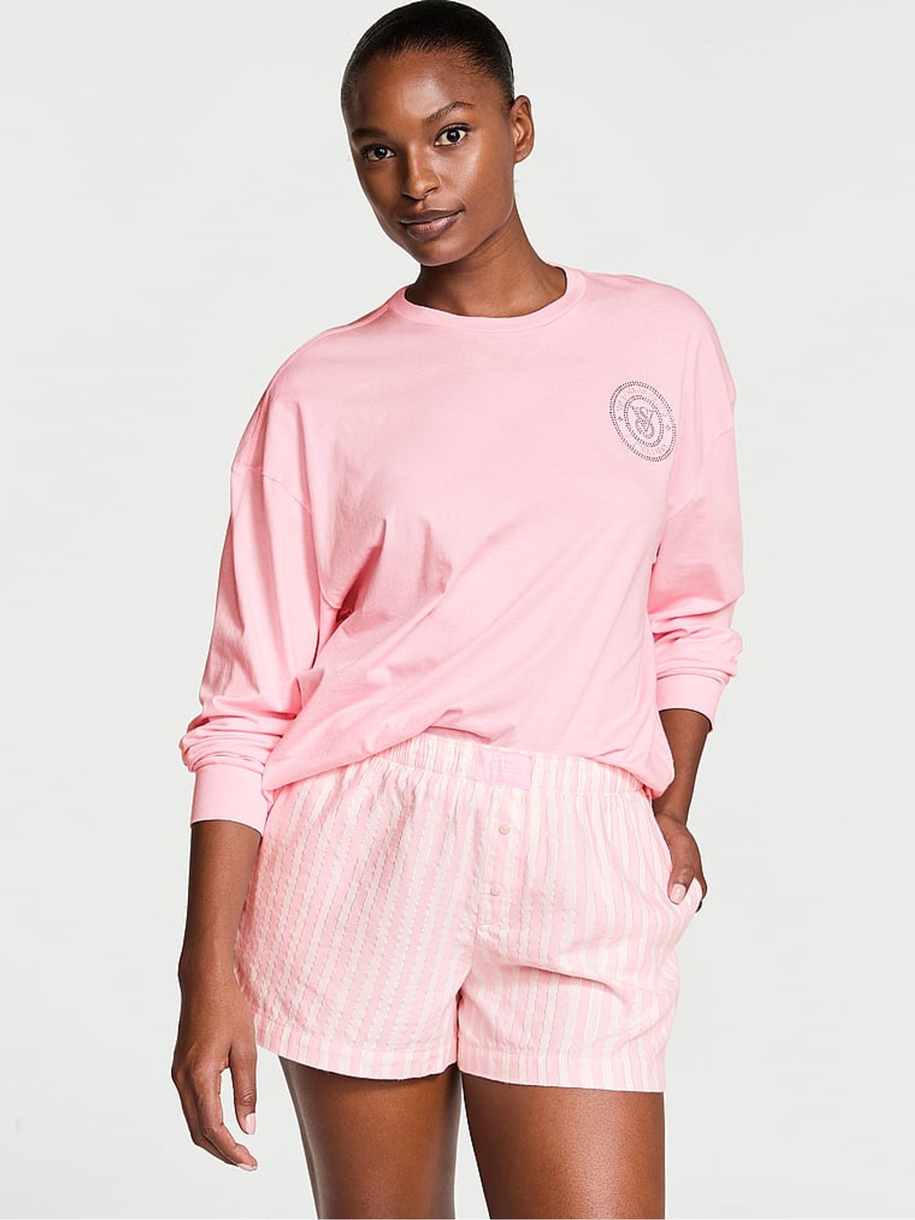 Buy Victoria s Secret Pretty Blossom Pink Stripe Long Sleeve T Shirt Short Flannel Pyjama Set from the Next UK online shop