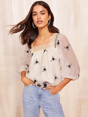 Friends Like These Cream 3/4 Sleeve Embroidered Blouse - Image 2 of 5