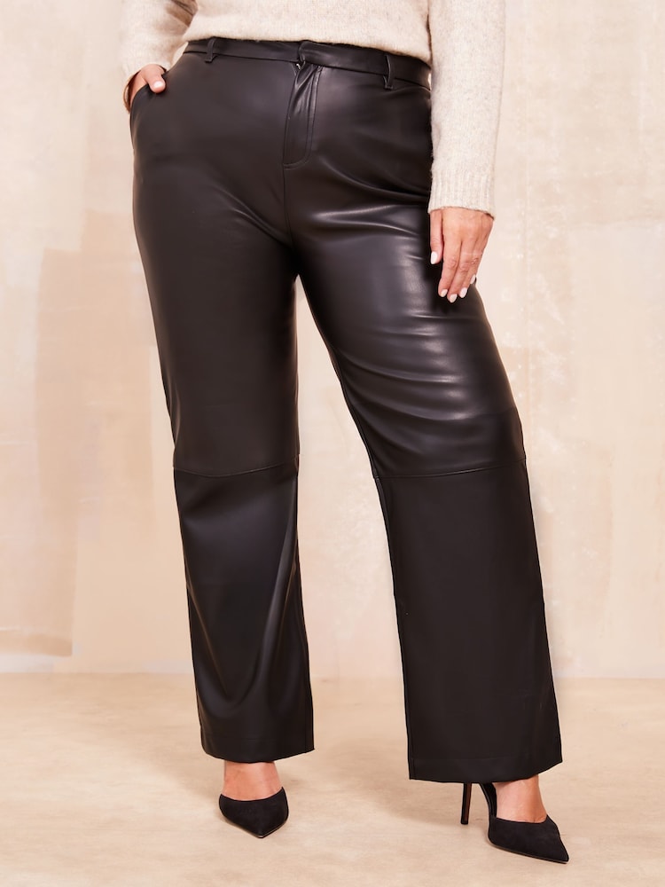 Friends Like These Black Curve Faux Leather Tailored Wide Leg Trousers - Image 1 of 4