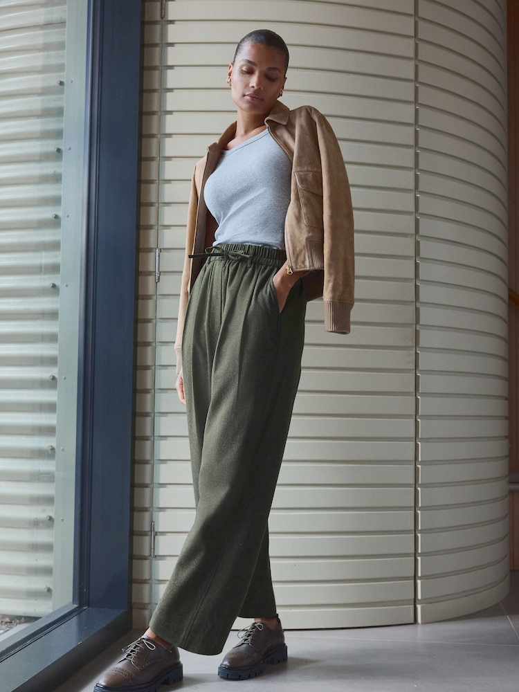 Olive Green Premium Wool Rich Wide Leg Trousers - Image 1 of 7