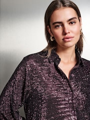 Burgundy Red Embellished Sequin Shirt - Image 4 of 8