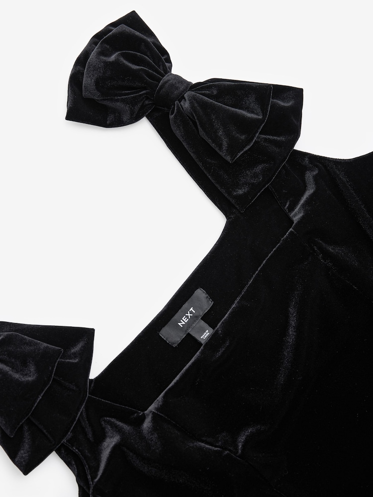 Black Velvet Bow Detail Mini Dress - Image 5 of 6