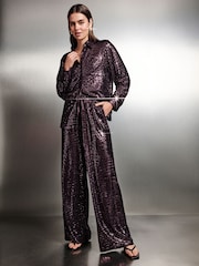 Burgundy Sequin Wide Leg Trousers - Image 1 of 8