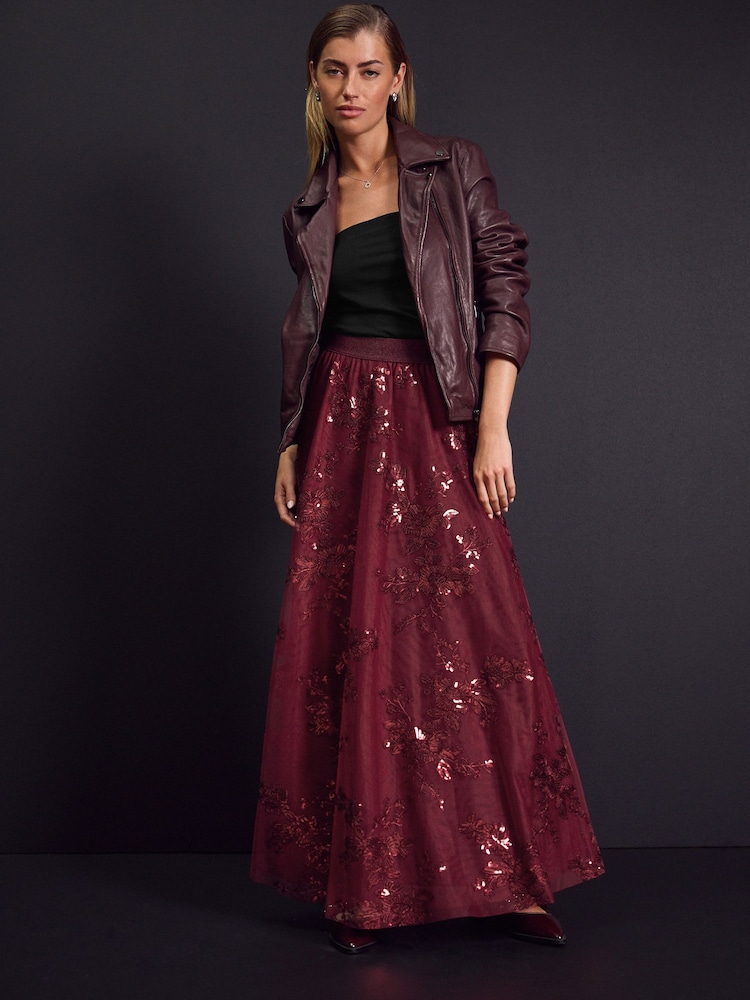 Burgundy Sequin Maxi Skirt - Image 1 of 7