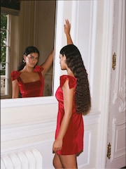 Berry Red Velvet Bow Detail Mini Dress - Image 4 of 9