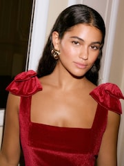 Berry Red Velvet Bow Detail Mini Dress - Image 5 of 9