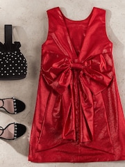 Berry Red Velvet Bow Detail Mini Dress - Image 6 of 9