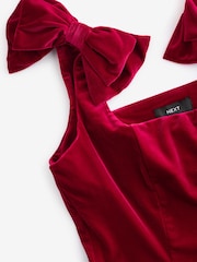 Berry Red Velvet Bow Detail Mini Dress - Image 8 of 9