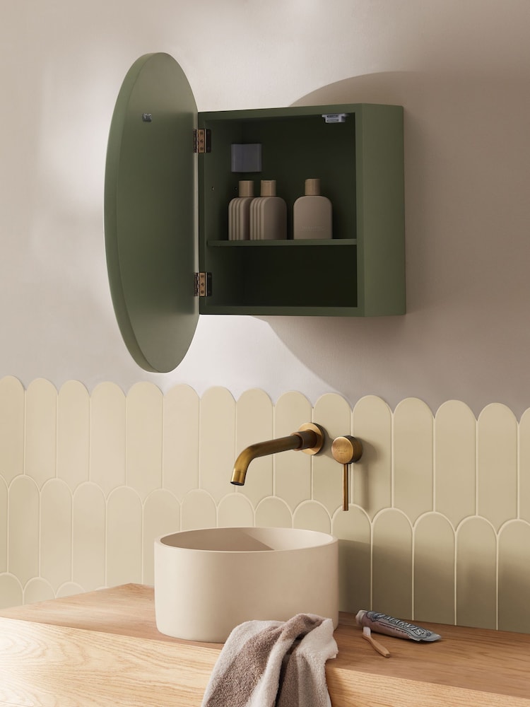 Sage Green Round Frame Wall Mirror Cabinet - Image 2 of 7