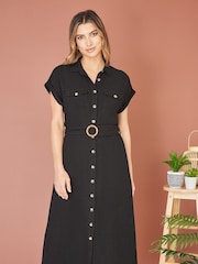 Yumi Black Viscose Look Midi Shirt Dress With Wooden Belt - Image 1 of 5