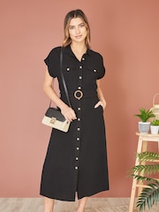 Yumi Black Viscose Look Midi Shirt Dress With Wooden Belt - Image 2 of 5