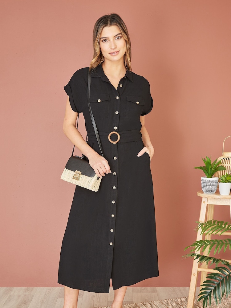 Yumi Black Viscose Look Midi Shirt Dress With Wooden Belt - Image 2 of 5