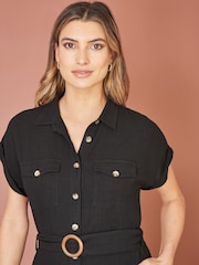 Yumi Black Viscose Look Midi Shirt Dress With Wooden Belt - Image 3 of 5