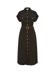 Yumi Black Viscose Look Midi Shirt Dress With Wooden Belt - Image 5 of 5