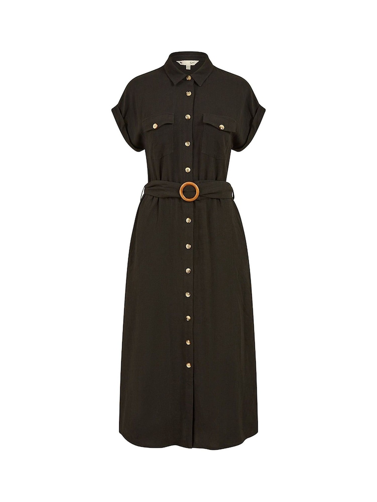 Yumi Black Viscose Look Midi Shirt Dress With Wooden Belt - Image 5 of 5