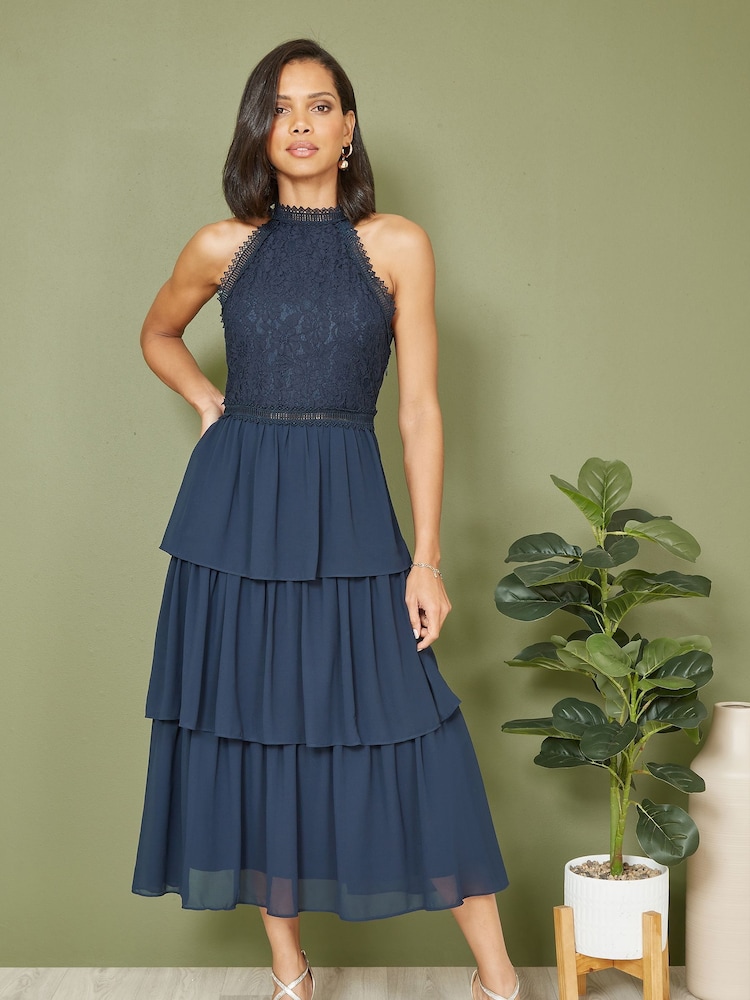 Yumi Blue Lace Halter Neck Midi Dress With Tiered Hem - Image 1 of 4 Yumi Blue Lace Halter Neck Midi Dress With Tiered Hem - Image 1 of 4
