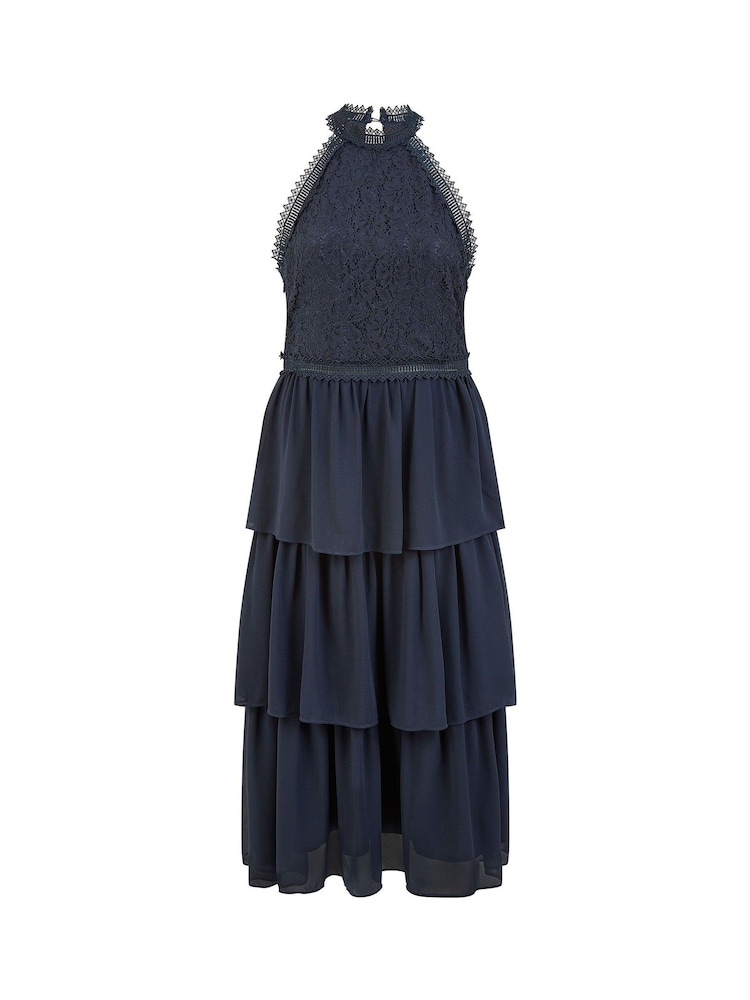 Yumi Blue Lace Halter Neck Midi Dress With Tiered Hem - Image 4 of 4 Yumi Blue Lace Halter Neck Midi Dress With Tiered Hem - Image 4 of 4