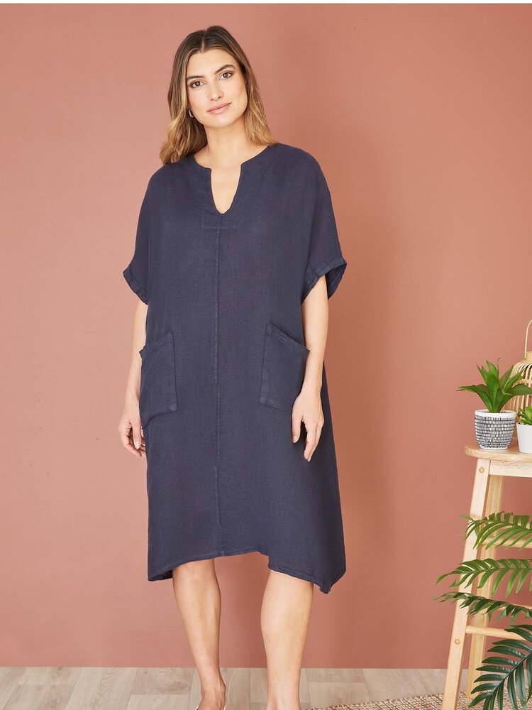 Yumi Blue Italian 100% Linen Tunic Dress - Image 2 of 4