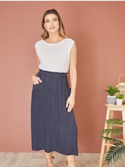 Yumi Blue Italian 100% Linen Midi Skirt With Pockets - Image 1 of 4