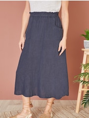 Yumi Blue Italian 100% Linen Midi Skirt With Pockets - Image 2 of 4
